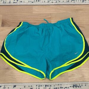 Nike Women's Teal Athletic Shorts with Neon Yellow Trim